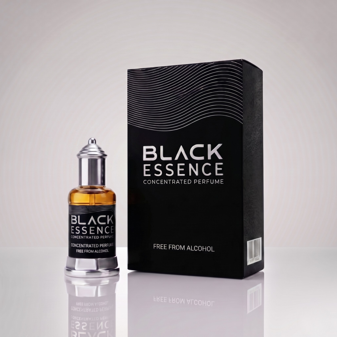 Black Essence alcohol-free attar oil bottle and premium box in Pakistan