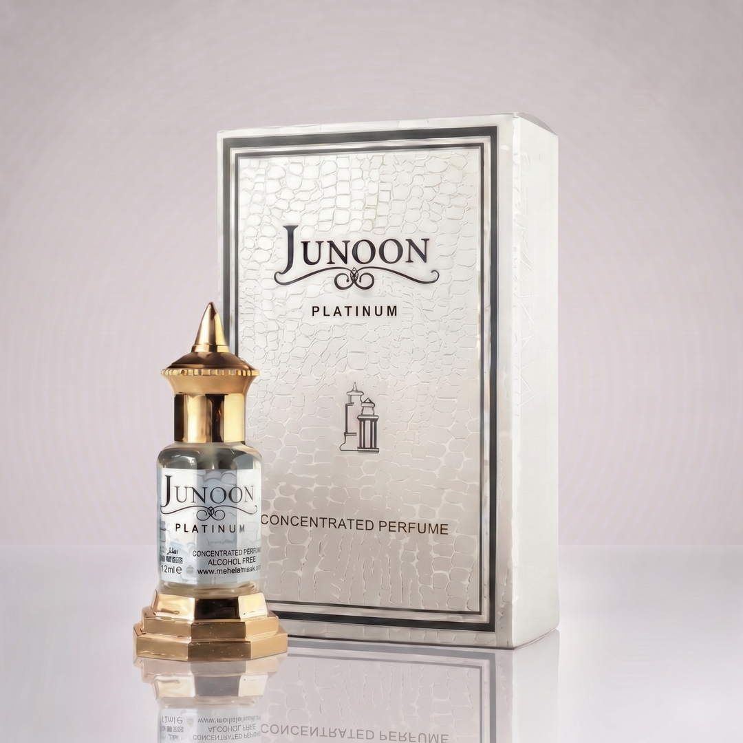 Junoon Platinum alcohol-free attar oil bottle and premium box in Pakistan